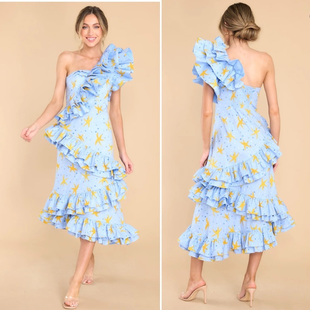NWT CELIA B Coraline Light Blue Starfish Ocean Ruffle One Shoulder Midi Dress